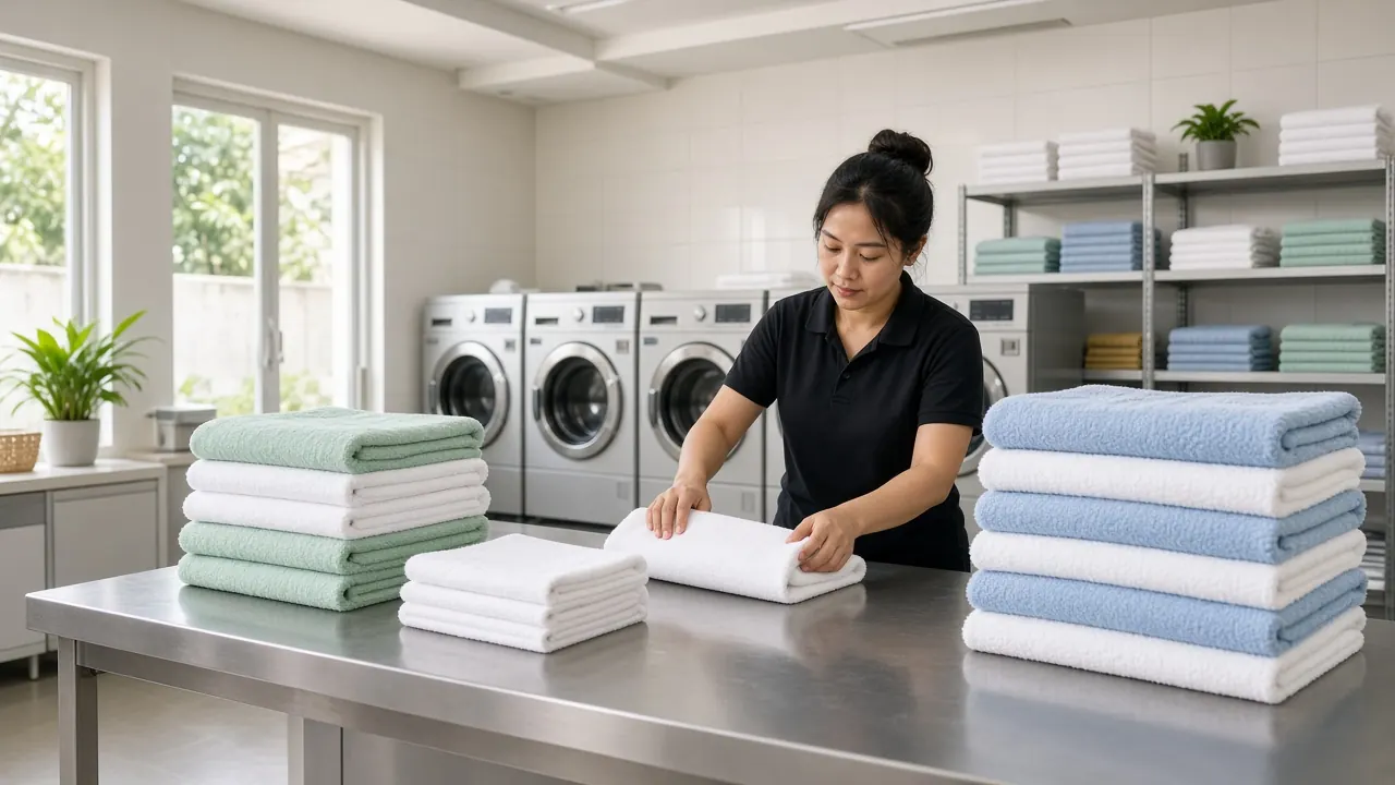 Tampak depan laundry kiloan dengan jendela kaca dan tumpukan handuk bersih